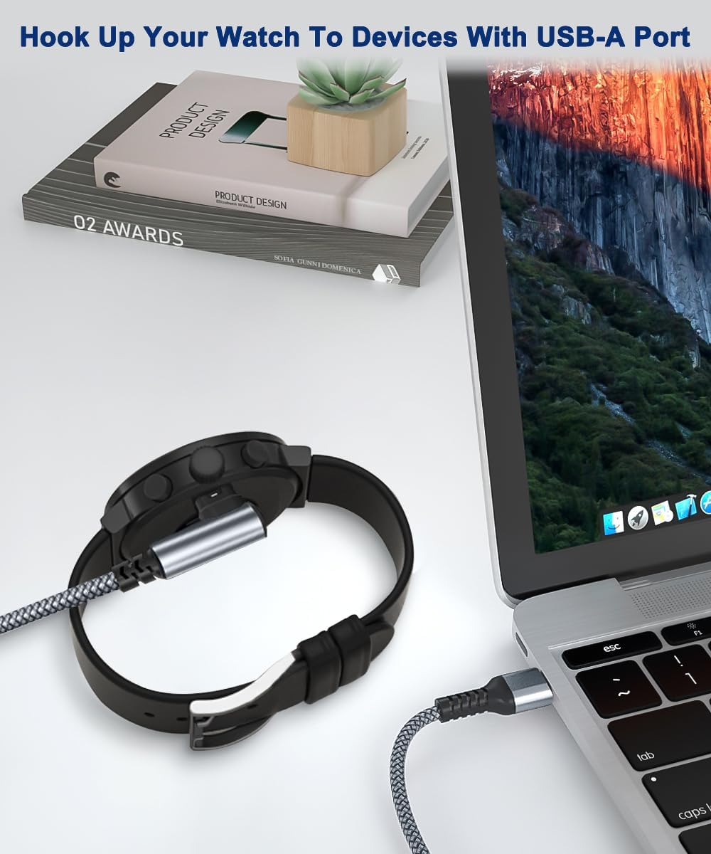 RUXELY Cable de carga en ángulo derecho para Garmin Watch de 4 pies, paquete de 2, cable de alimentación de nailon de 90 grados para Fenix 7 6 5 7X