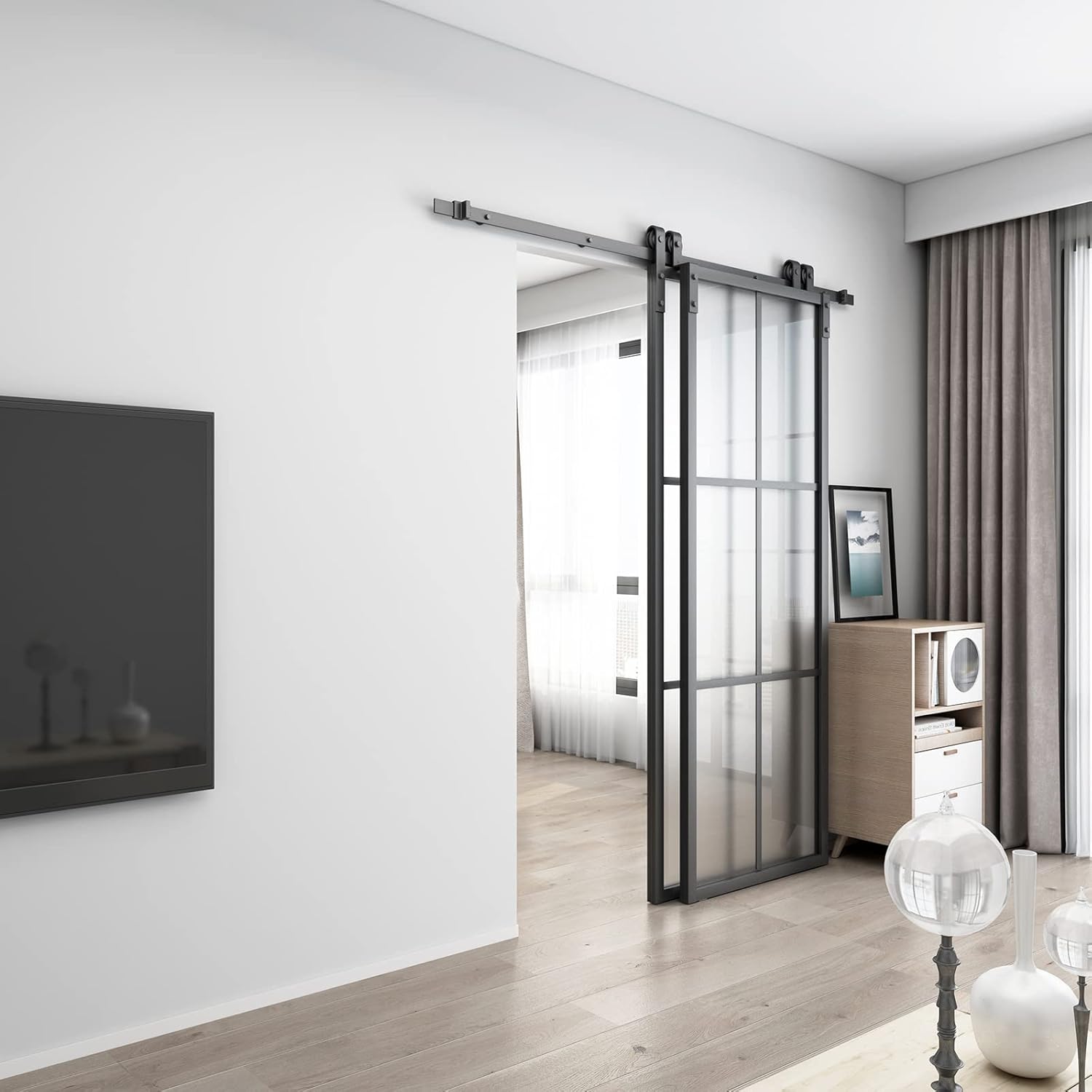 BARNSMITH Bypass – Puerta de granero de vidrio doble de 60 x 84 pulgadas con kit de herramientas de montaje lateral de 6.6 pies, 2 juegos de puertas