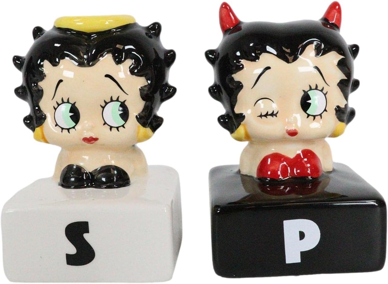 Ebros Gift Novedosa colección de Betty Boop con halo y cuernos de cerámica cómica de sal y pimentero, juego de figuras coleccionables americanas