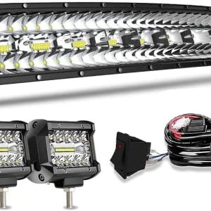 Kit de barra de luz LED curvada de 32 pulgadas + 2 módulos de luz LED de 4 pulgadas y 60 W con arnés de cableado, combo de inundación puntal, Kit de barra de luz LED curvada de 32 pulgadas + 2 módulos de luz LED de 4 pulgadas y 60 W con arnés de cableado, combo de inundación puntal,