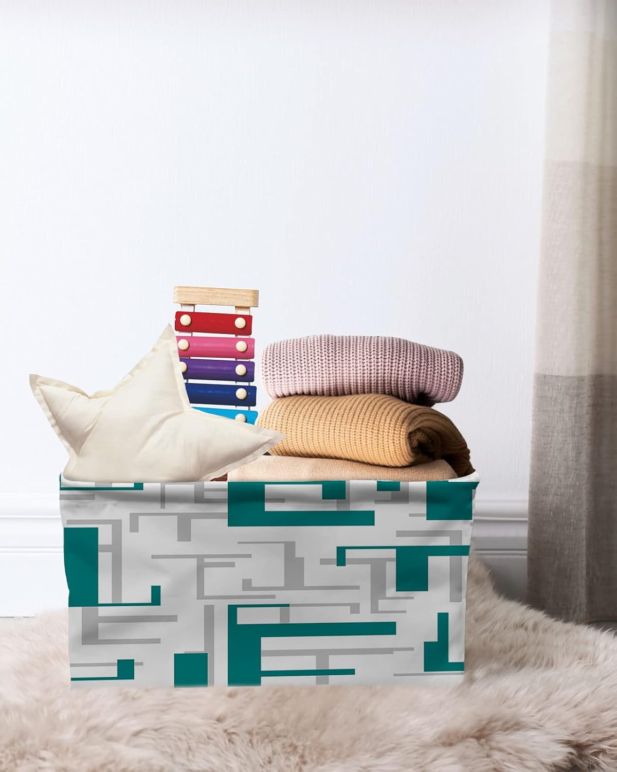 Cesta de almacenamiento gris verde azulado para organizar estantes, cajas de almacenamiento plegables con asa, cesta de lona moderna geométrica