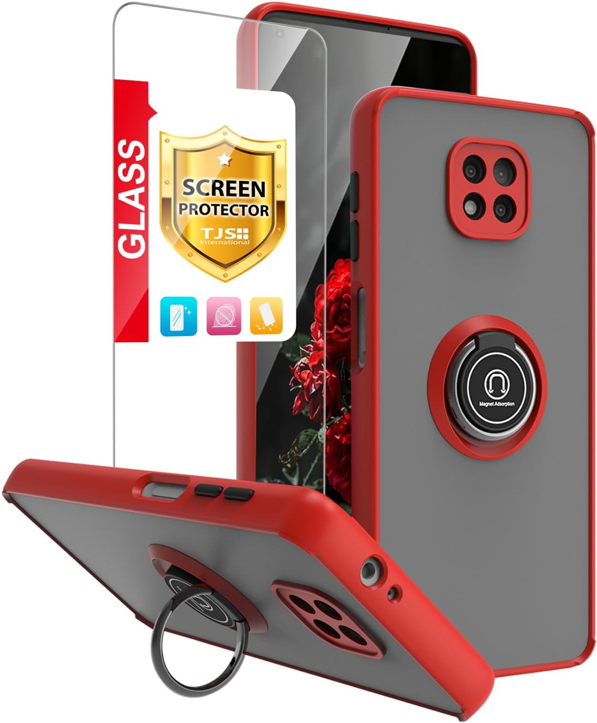 TJS Funda compatible con Motorola Moto G Power 2021, con protector de pantalla de vidrio templado, anillo de metal, soporte magnético, protector