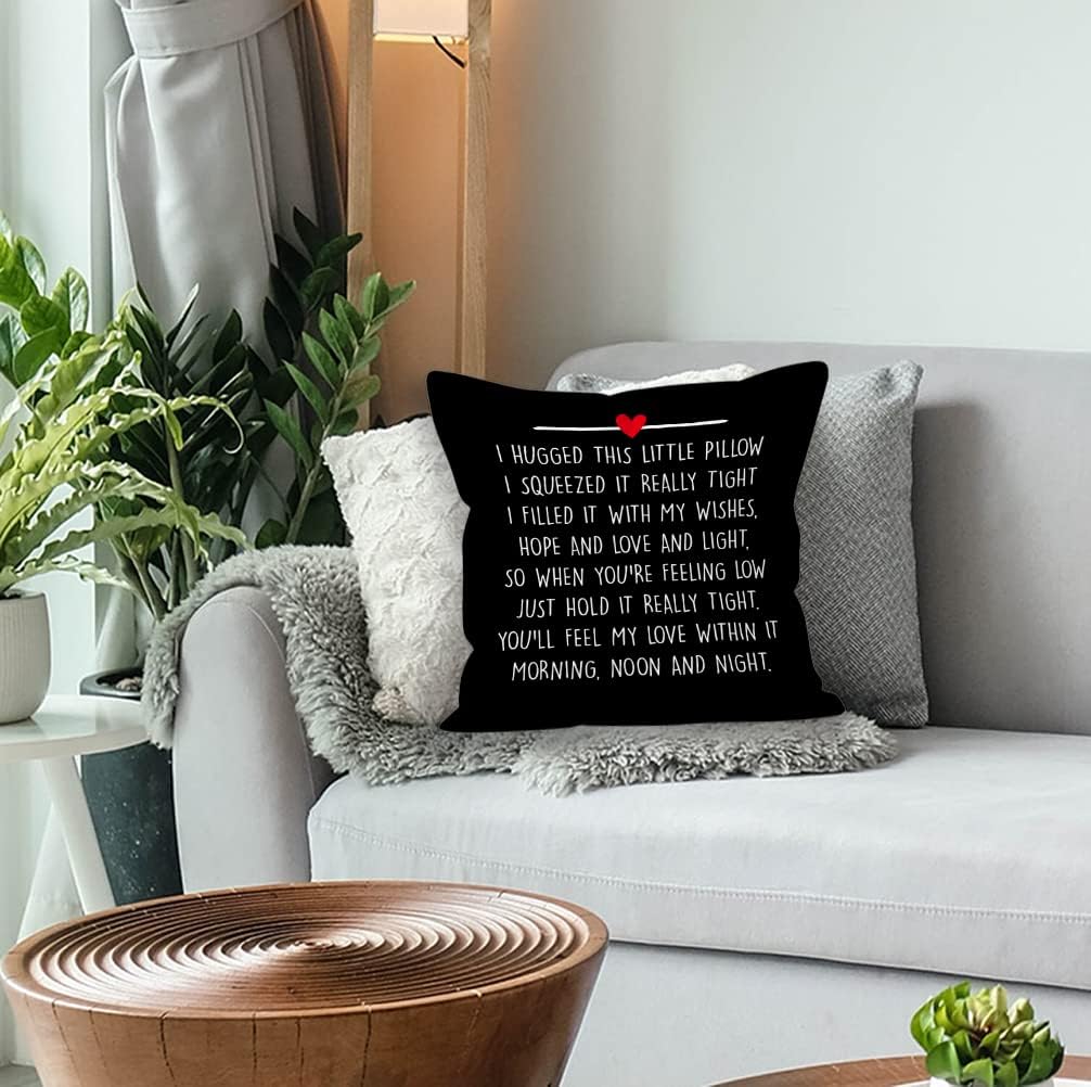 Funda de almohada negra con texto en inglés “I Hugged This Little Pillow”, regalos de relación a larga distancia para mujeres y hombres, funda de