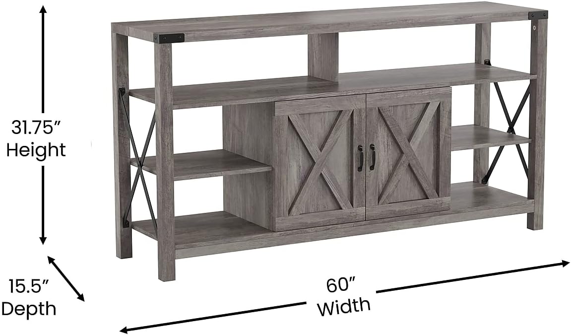 Flash Furniture Wyatt – Mueble de TV alto y moderno de 60 pulgadas, gabinete de consola gris costero, estante central ajustable, estantes fijos para