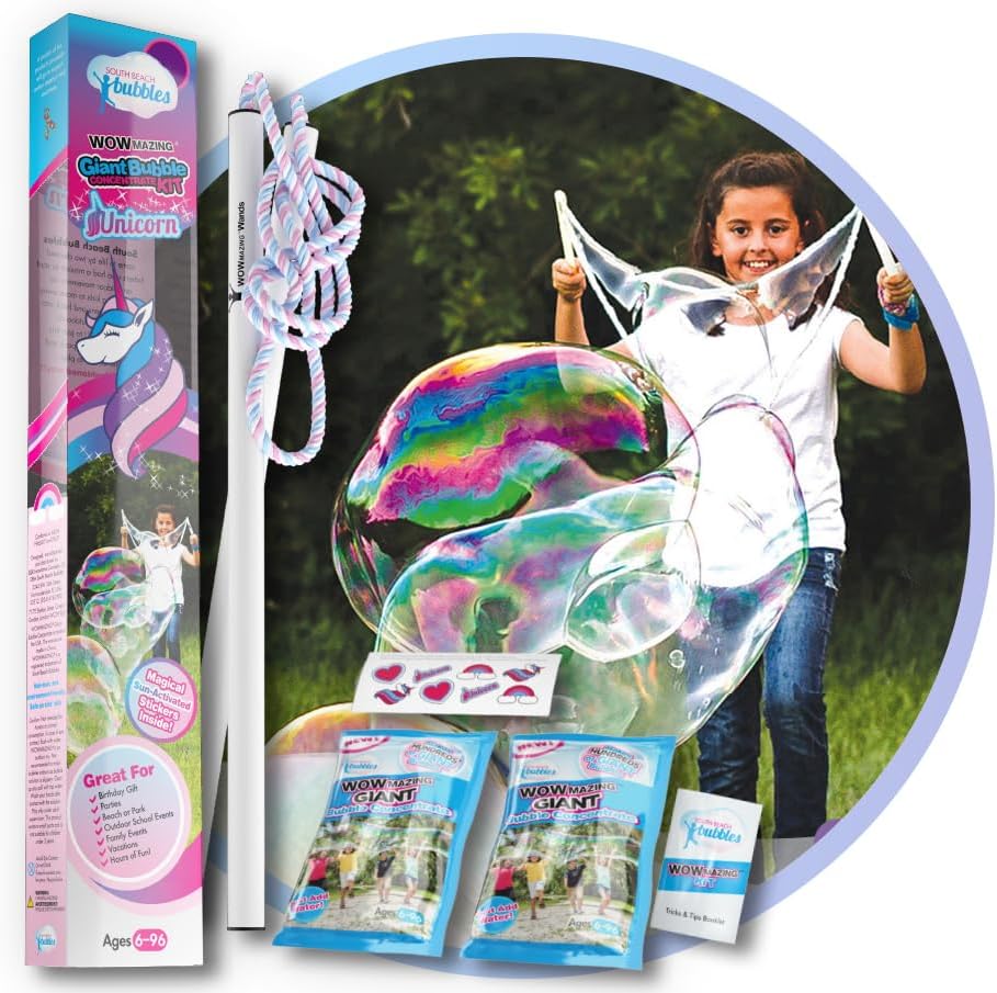 WOWMAZING – Kit de burbujas gigantes Unicornio, incluye varita, 2 bolsas de concentrado de burbujas grandes y 8 calcomanías mágicas activadas por