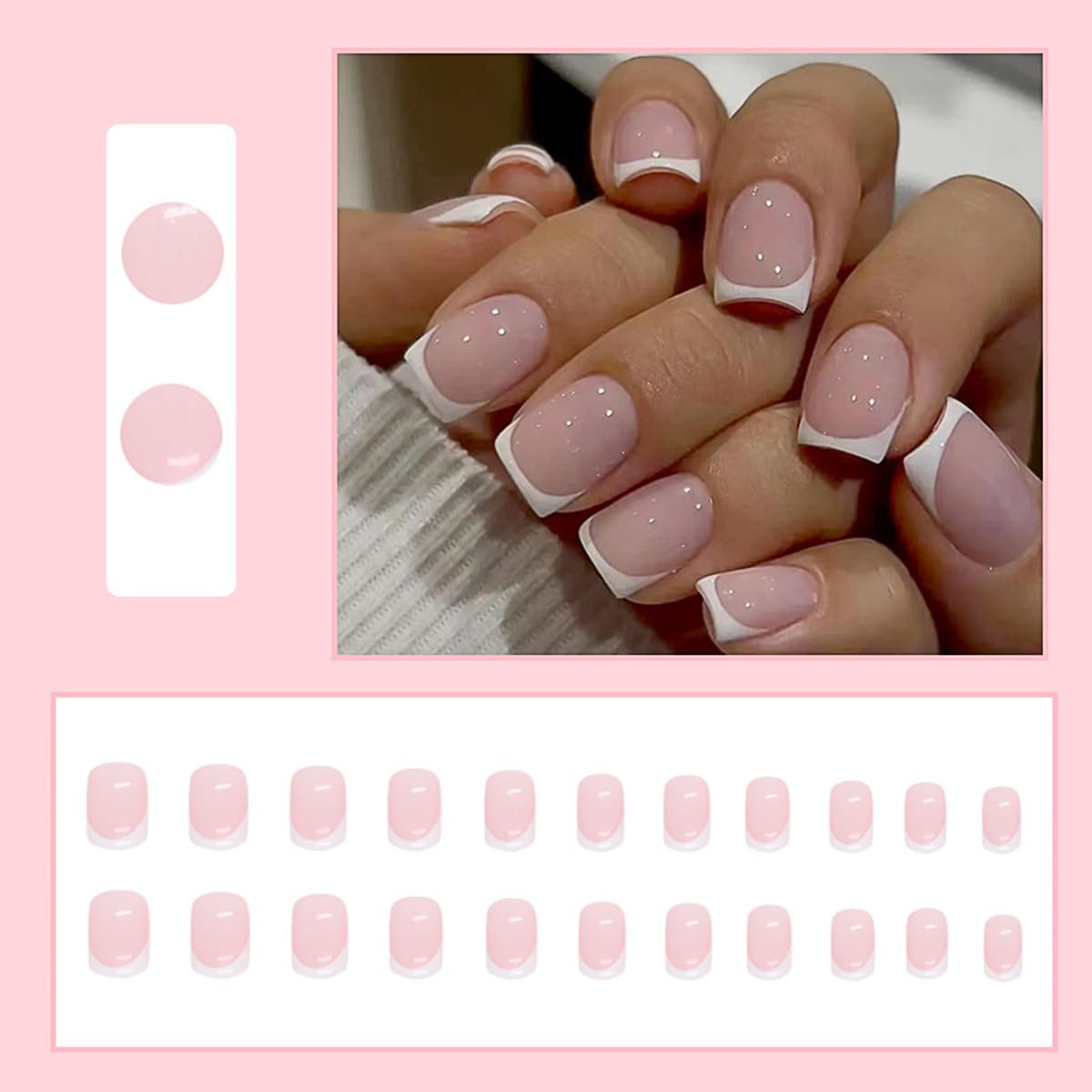 Uñas postizas cortas francesas, uñas cuadradas a presión, cobertura completa, puntas de uñas postizas blancas, diseño exquisito, color rosa,