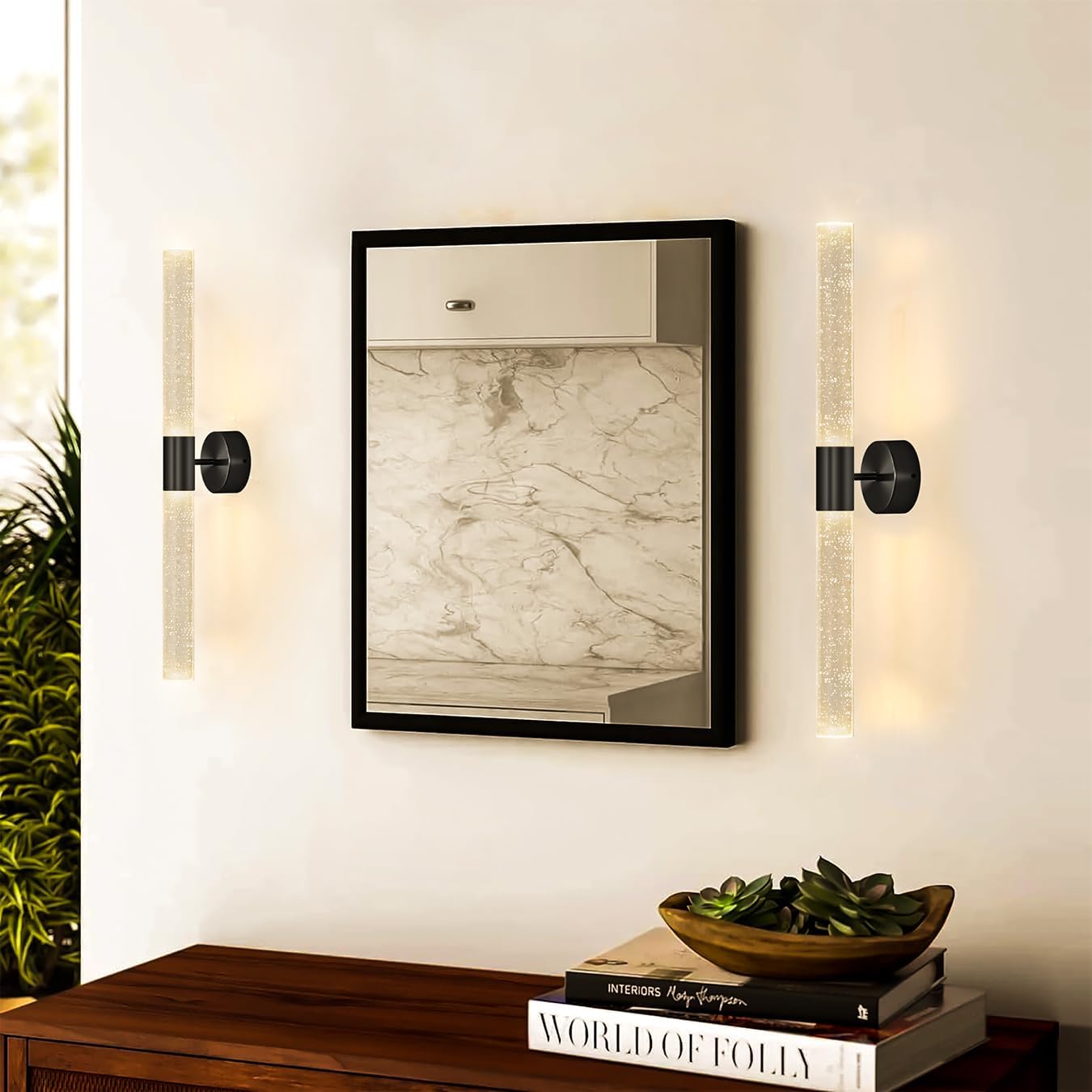 Juego de dos apliques de pared negros modernos LED para comedor, iluminación de pared de 30 W, 3000 K, luces de pared LED de cristal con cable para