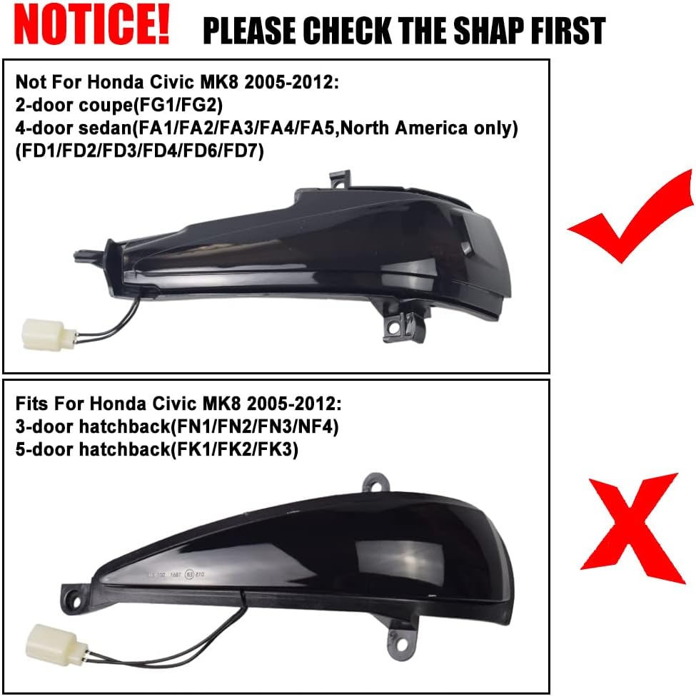 Hacreyatu Espejo retrovisor lateral Indicador Lámpara LED Dinámica Señal Giratoria Luces intermitentes para Honda Civic 2006-2011 Sedan FA 1 2 3 FD