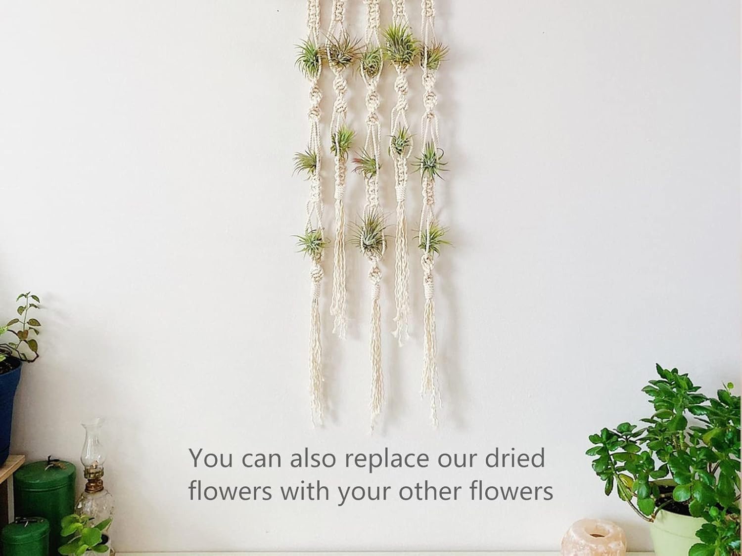 Tapiz largo de macramé bohemio para colgar en la pared, flores naturales secas, flores de hortensias preservadas, el aliento del bebé preservado