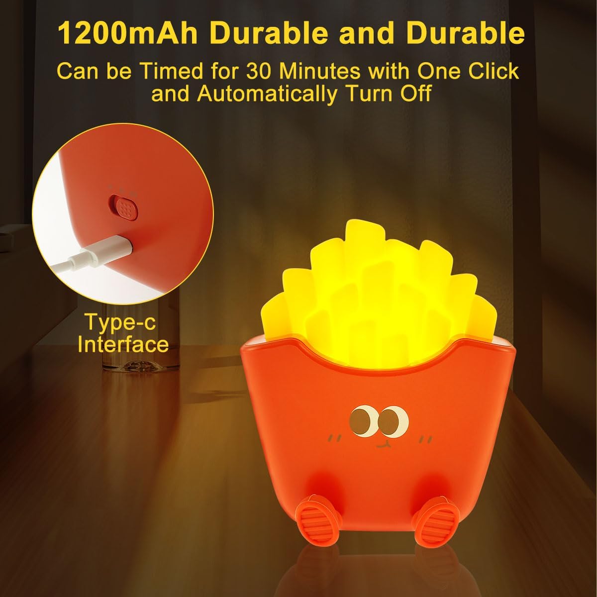 Luz nocturna con forma de papas fritas, 1200 mAh linda luz de noche para dormitorio de niñas, luz táctil recargable con función de sincronización de