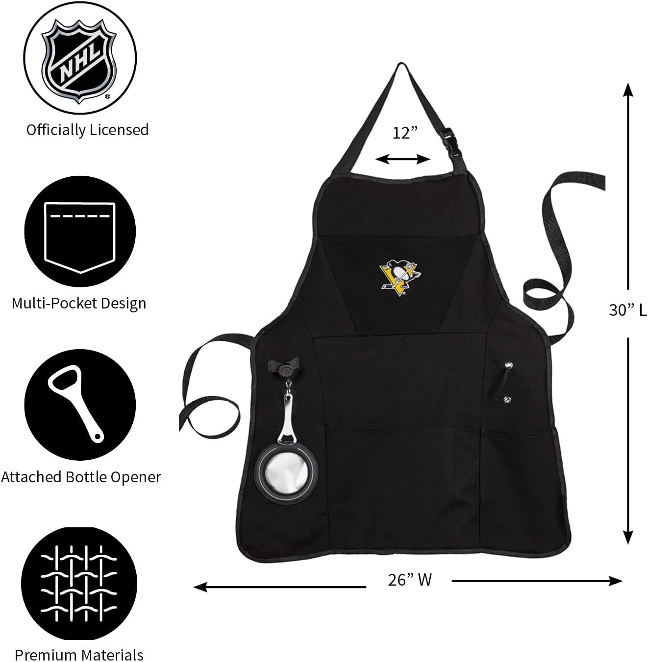 Team Sports America Delantal negro para asar al aire libre de la NHL  Pingüinos de Pittsburgh  Hecho de algodón duradero  Abridor de bebidas y