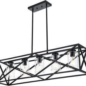 WINSHEN Lámpara de isla de cocina de granja de 5 luces en acabado negro, accesorios de iluminación colgantes lineales rectangulares vintage con WINSHEN Lámpara de isla de cocina de granja de 5 luces en acabado negro, accesorios de iluminación colgantes lineales rectangulares vintage con