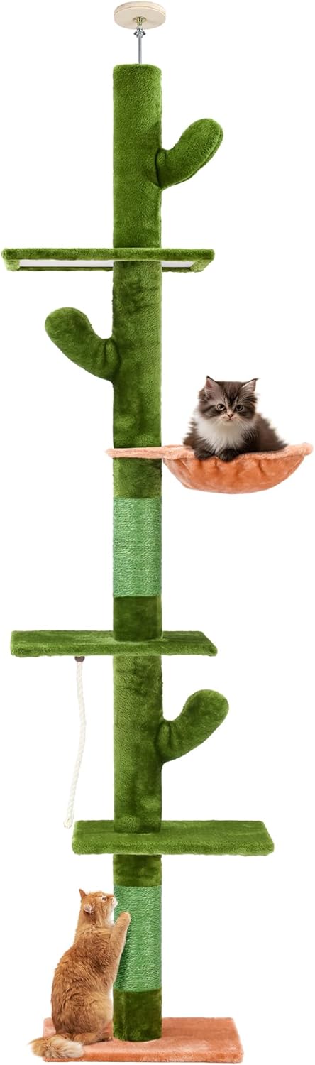 Árbol para gatos, árbol de cactus de 5 niveles para gatos del piso al techo, torre para gatos con hamaca acogedora, altura ajustable de 89-109