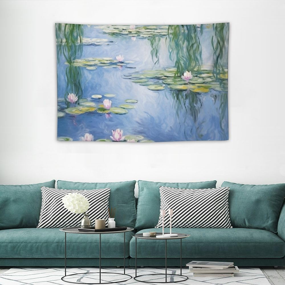 DPOTLI Monet – Tapiz floral estético para dormitorio, diseño de lirios de agua azules, póster abstracto de flores naturales para colgar en la pared