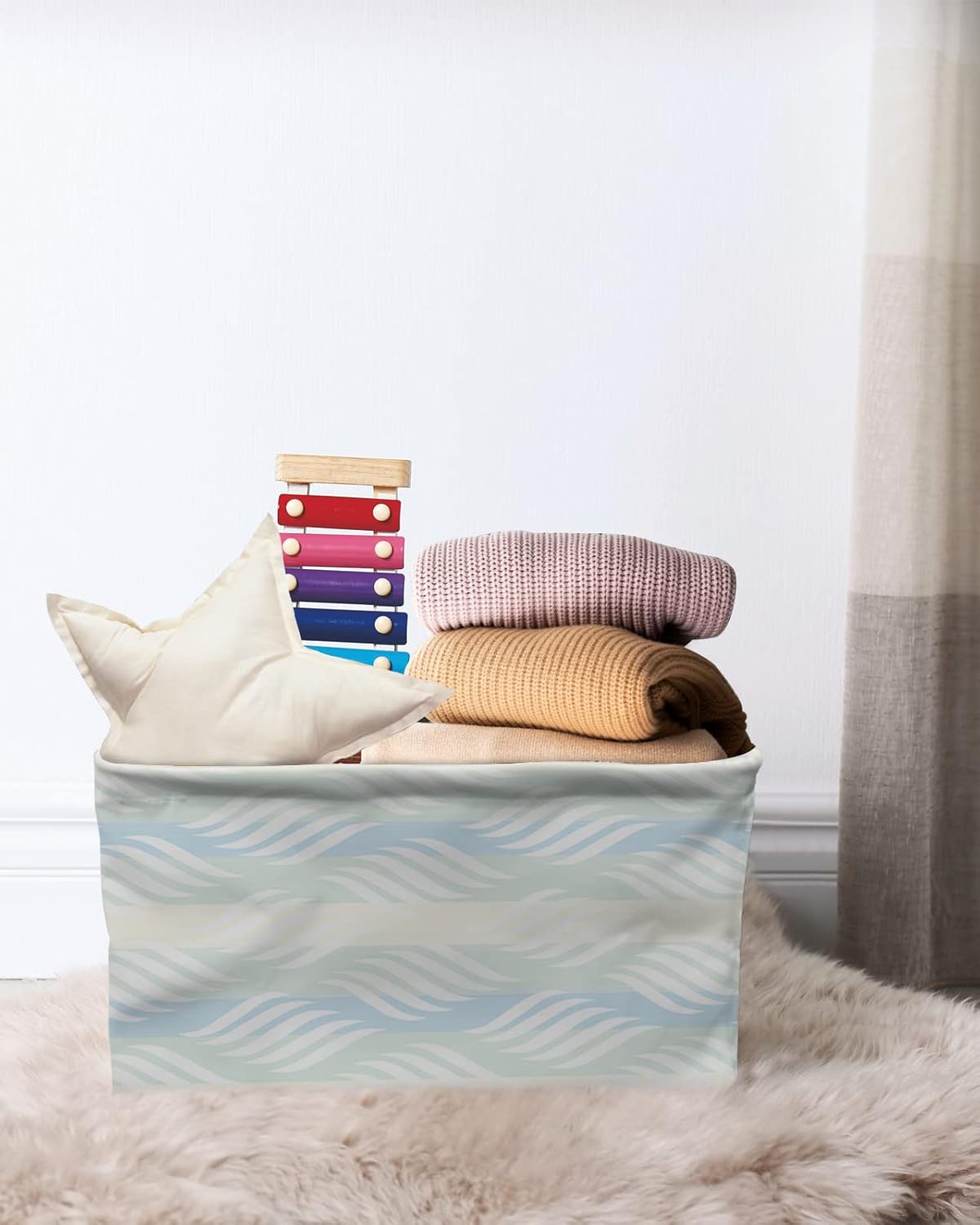 Teal Blue Striped Storage Basket for Organizing Shelves, Collapsible Storage Bins Boxes with Handle, Modern White Moire Geometric Abstract Art