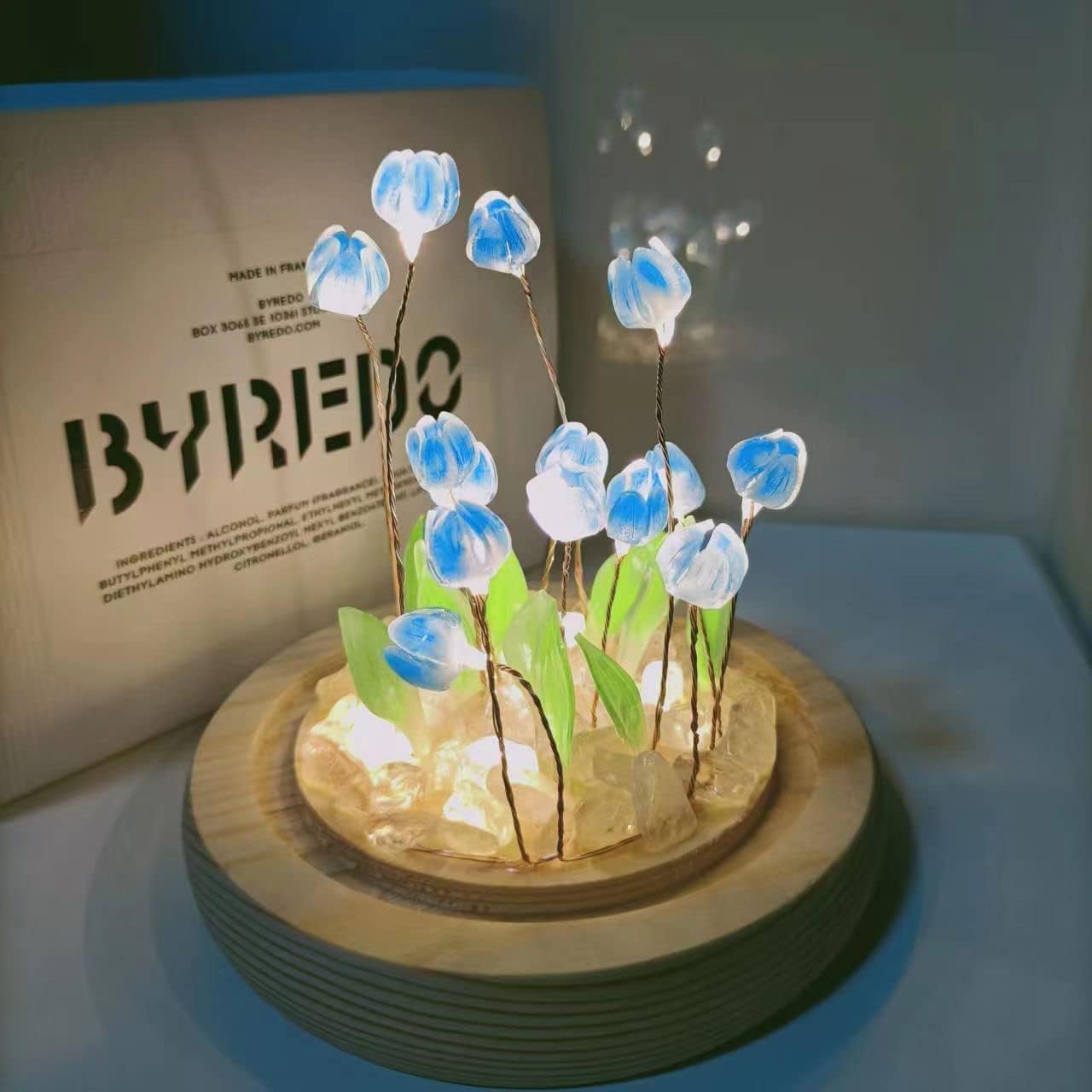 Luz nocturna de tulipán DIY, decoración de muebles hecha a mano, 13 flores, flores de simulación azul, lámpara de mesa para dormir, ornamento de