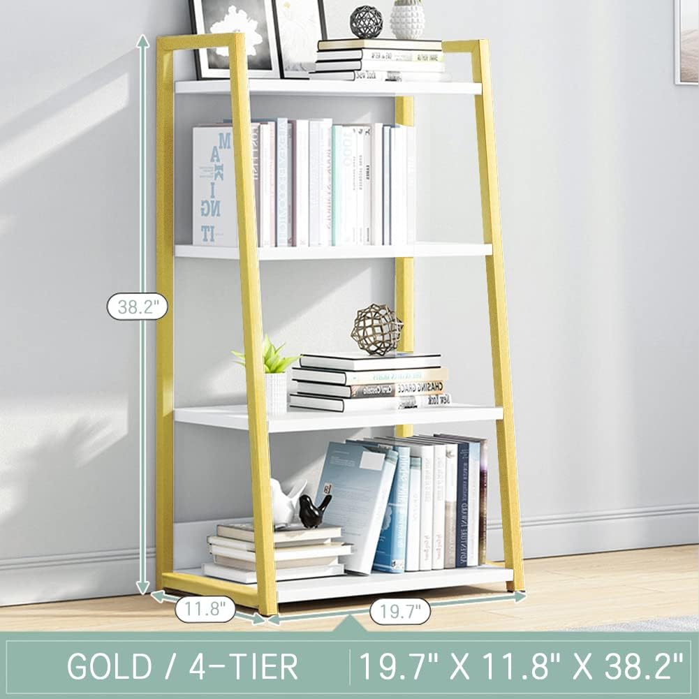 IOTXY Estantería abierta de 4 niveles, soporte de exhibición de acero y madera, estantería de pie de 19.7 in de ancho, color dorado