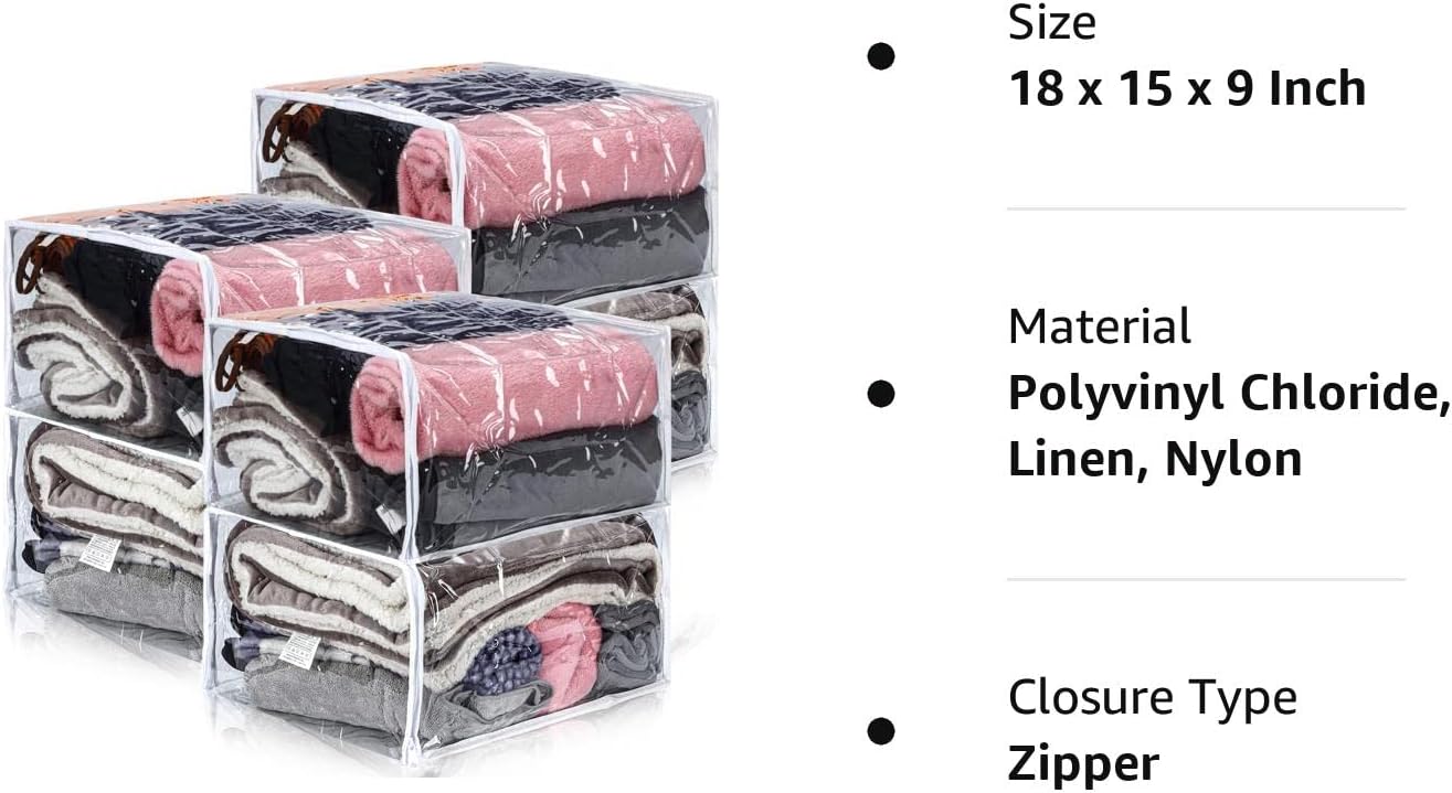 Paquete de 6 bolsas de almacenamiento transparentes con cremallera, bolsas de almacenamiento de plástico para mantas, ropa de cama, organizador de
