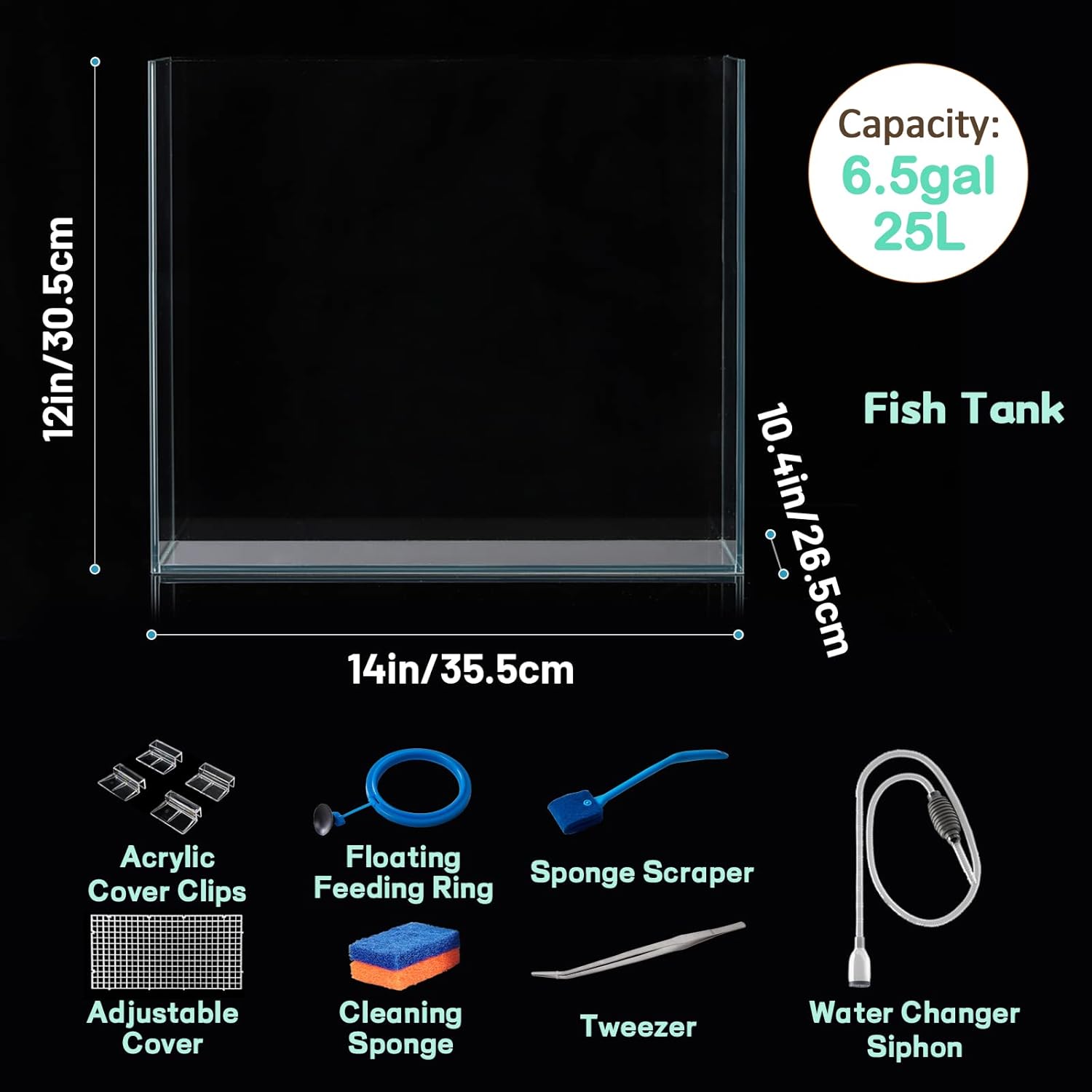 Tanque de peces de vidrio ultra transparente de 6.5 galones, acuario de hierro bajo sin borde para BettaNanoGoldfishCaracolCamarón, juego de tanque