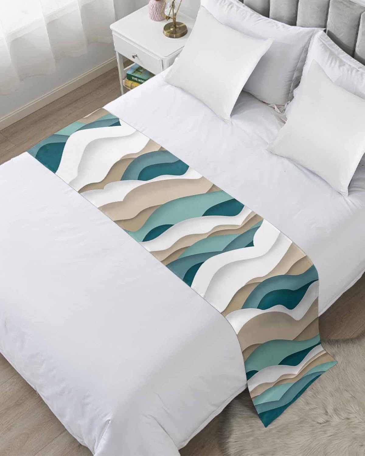 Camino de cama marrón turquesa con olas oceánicas para cama de tamaño King, protector de bufanda, manta de cama decorativa para dormitorio, hotel,