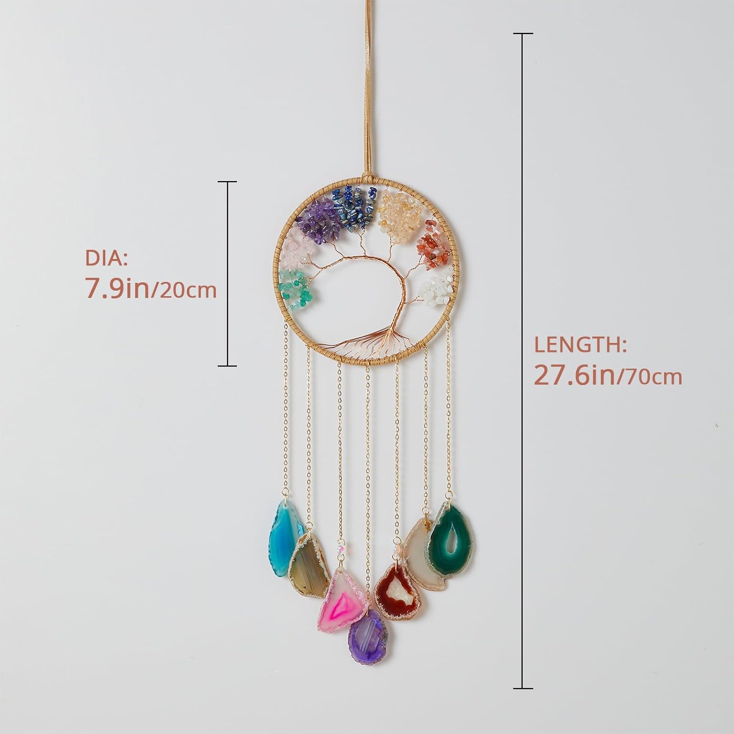 Atrapasueños de 7 ágata arcoíris con 7 chakras, árbol de la vida, atrapasueños con piedras de cristal curativo, decoración de pared hecha a mano