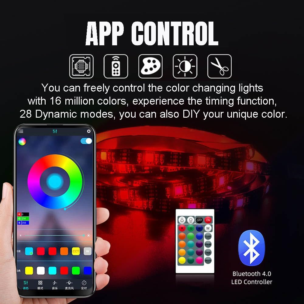 YHRDPP Tira de luz LED, luces LED RGB de neón de 16.4 pies, tira de sincronización de música con aplicación remota que cambia de color, tira de