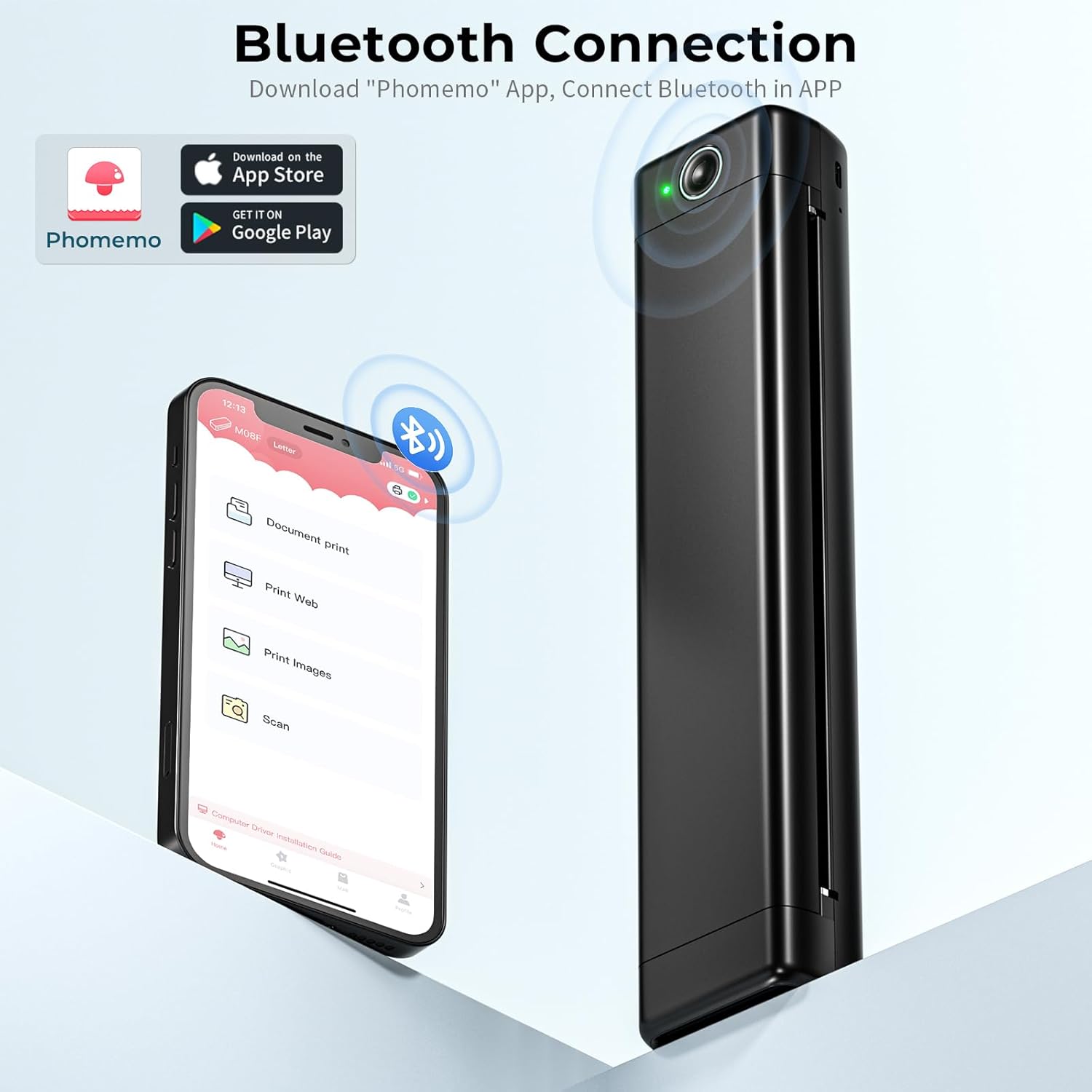 Phomemo Impresora portátil inalámbrica para viajes, impresora térmica M08F para uso doméstico, impresora Bluetooth sin tinta, compatible con papel