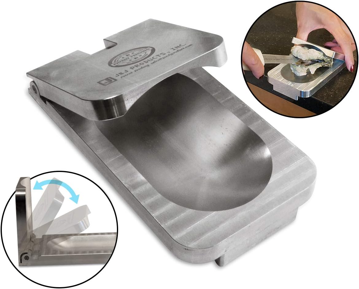 La herramienta EZ-Oyster Shucking con diseño de ángulo variable, compatible con todos los diversos tamaños de ostras, hecha de aluminio macizo.