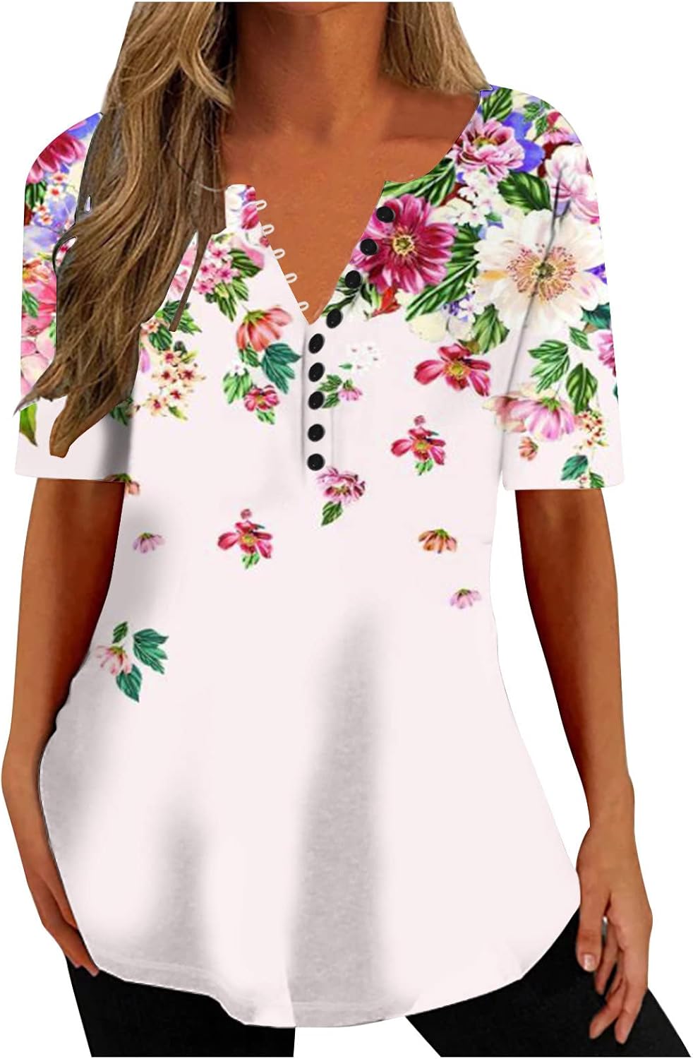 SMIDOW Blusa holgada tipo túnica para mujer para usar con leggings, cuello en V, cuello en V, manga corta, estampado floral occidental