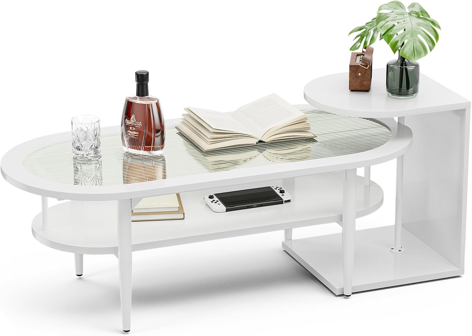 IKIFLY Juego de mesa de centro de cristal, mesa de té de café blanca con mesa de vidrio Changhong y mesa auxiliar para sala de estar comedor
