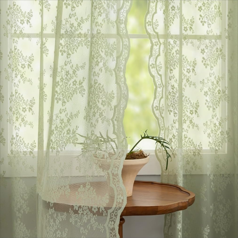 Cortinas de encaje verde salvia de 63 pulgadas de largo para dormitorio, 2 paneles, elegantes cortinas bordadas semitransparentes para sala de