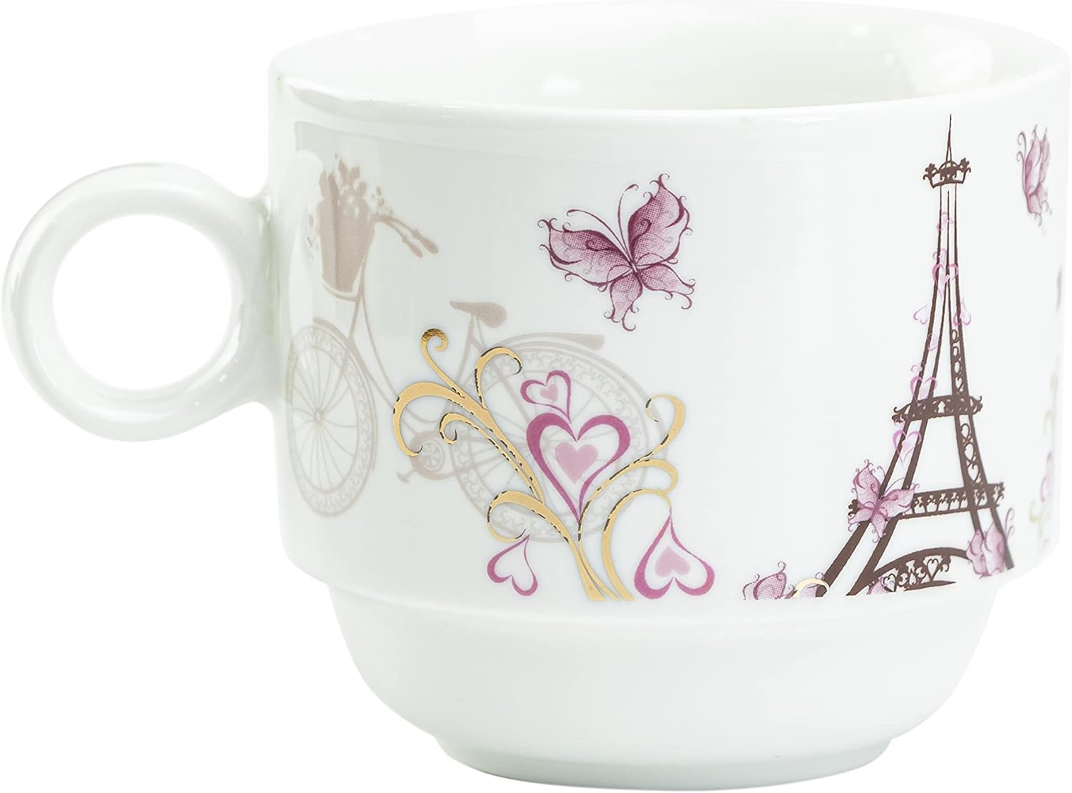 Juego de 4 tazas apilables de café y té de 10 onzas con soporte de metal blanco (Torre Eiffel de París, oro rosa)