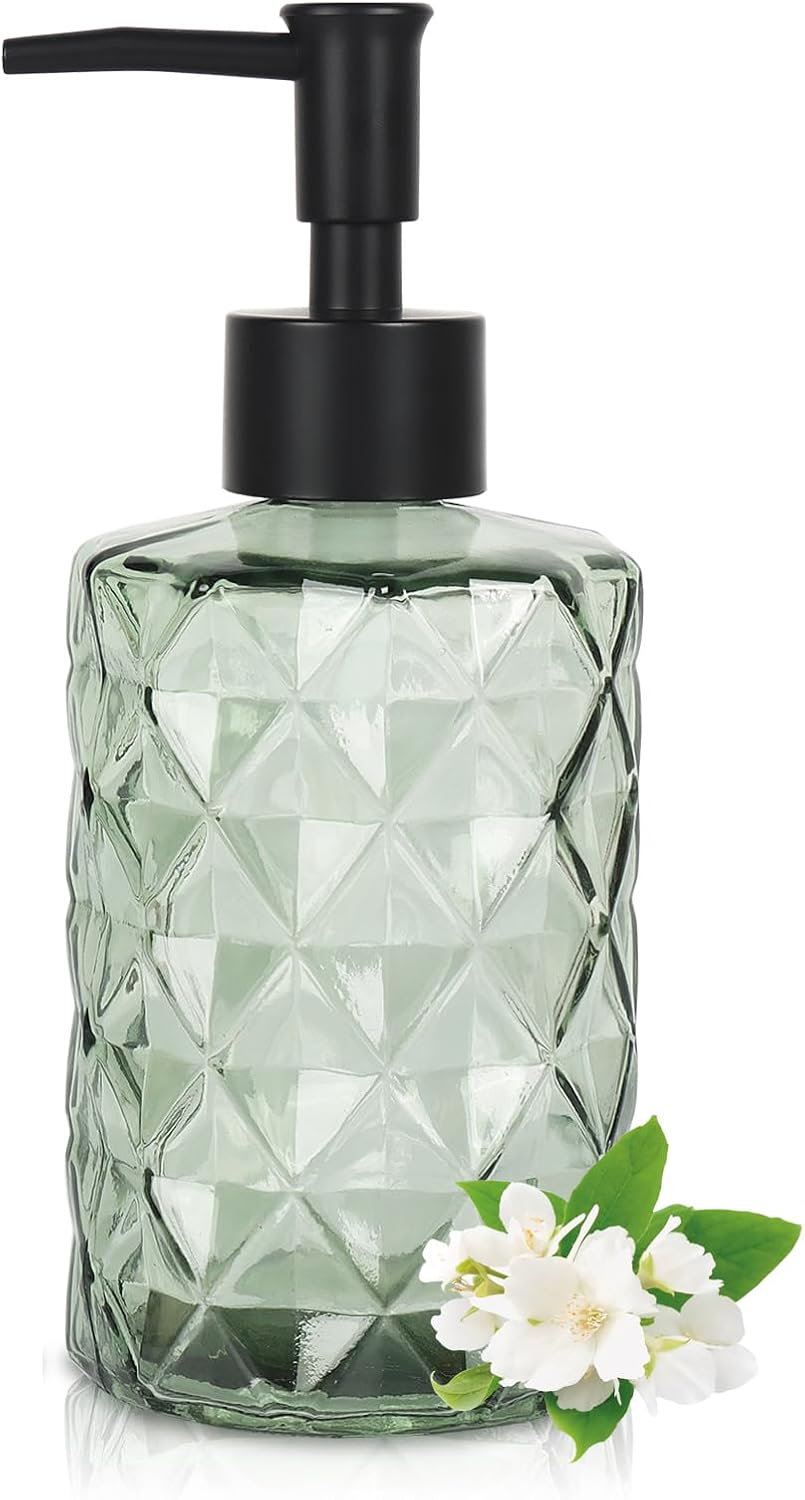 Dispensador de jabón de vidrio transparente, dispensador de jabón líquido de manos de 11 onzas11.2 fl oz para fregadero de cocina y baño, juego de