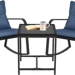 Juego de sillas de exterior de 3 piezas, mecedoras para exterior con cojines azules y 1 mesa de cristal para el condado, junto a la piscina, el Juego de sillas de exterior de 3 piezas, mecedoras para exterior con cojines azules y 1 mesa de cristal para el condado, junto a la piscina, el