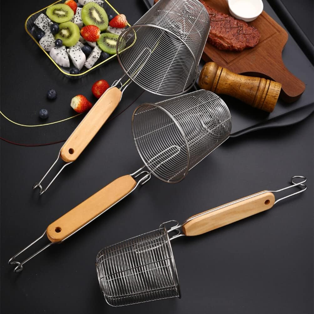 ZzzaNa Cesta de pasta de malla de acero inoxidable con mango de madera, colador de fideos para pasta, cuchara de espagueti, espumadera de cocina,