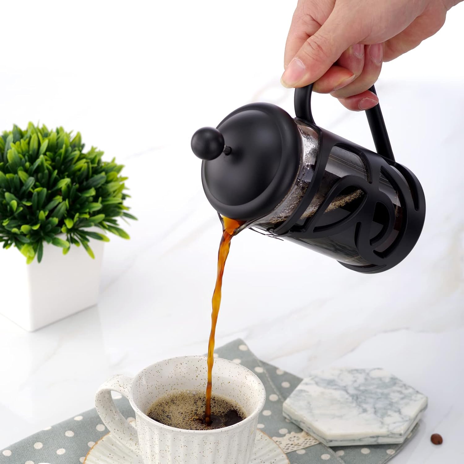 Cafetera francesa Pres de vidrio de 12 onzas y prensa francesa de acero inoxidable, 34 onzas, color negro