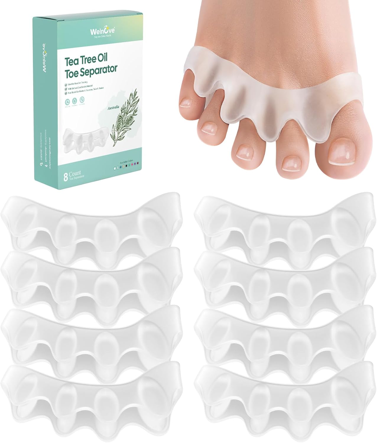 Welnove Corrector de juanetes espaciador de dedos  8 piezas de aceite de árbol de té con infusión de gel para restaurar dedos en martillo,