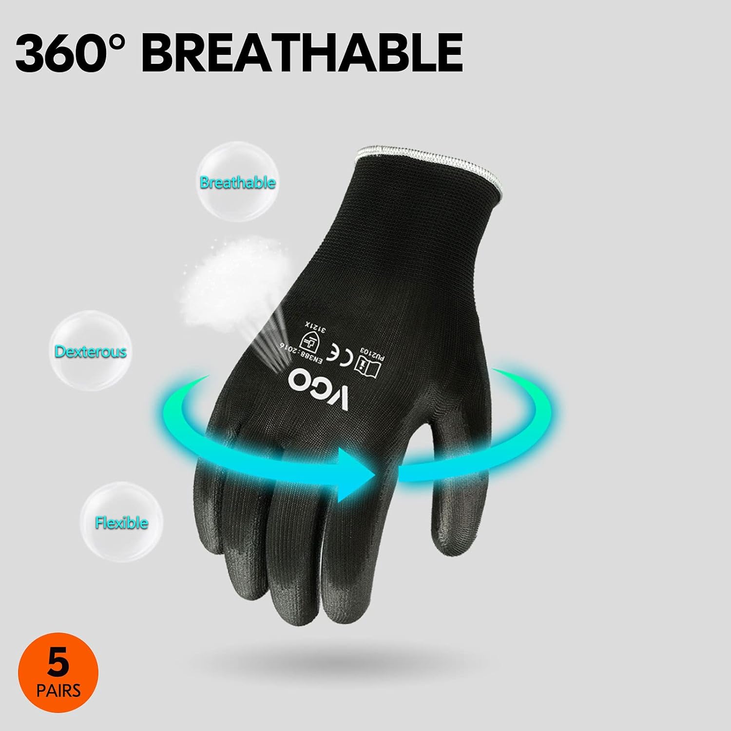 VGO – 5 pares de guantes de trabajo de seguridad, guantes de jardinería, revestimiento de poliuretano, guantes de inmersión, sin látex (talla S,