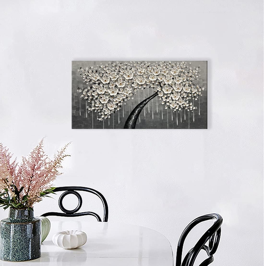 zoinart 100% pintado a mano abstracto moderno lienzo de flores pinturas de pared de 20 x 40 pulgadas, pintura al óleo floral blanca en 3D sobre