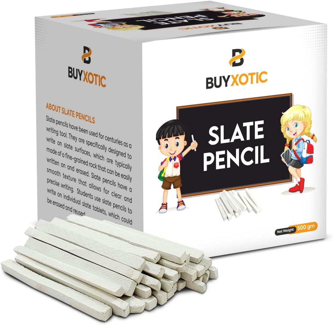 BUYXOTIC Caja de lápices de pizarra gruesa de alta calidad, tiza natural blanca india, marcadores de pizarra sin polvo, barras de pizarra de piedra