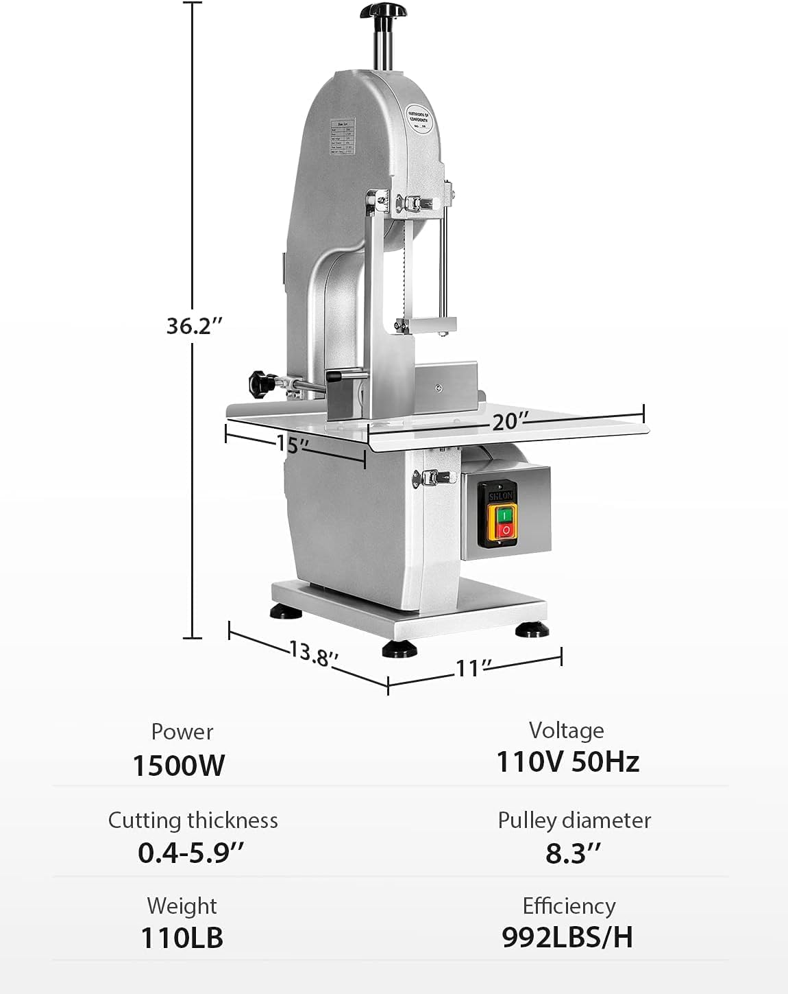 Máquina eléctrica de sierra de hueso de carne de 1500 W, cortador de huesos, 0.8-5.9 pulgadas de grosor, 2.6 HP 110 V Sierra de cinta de carne