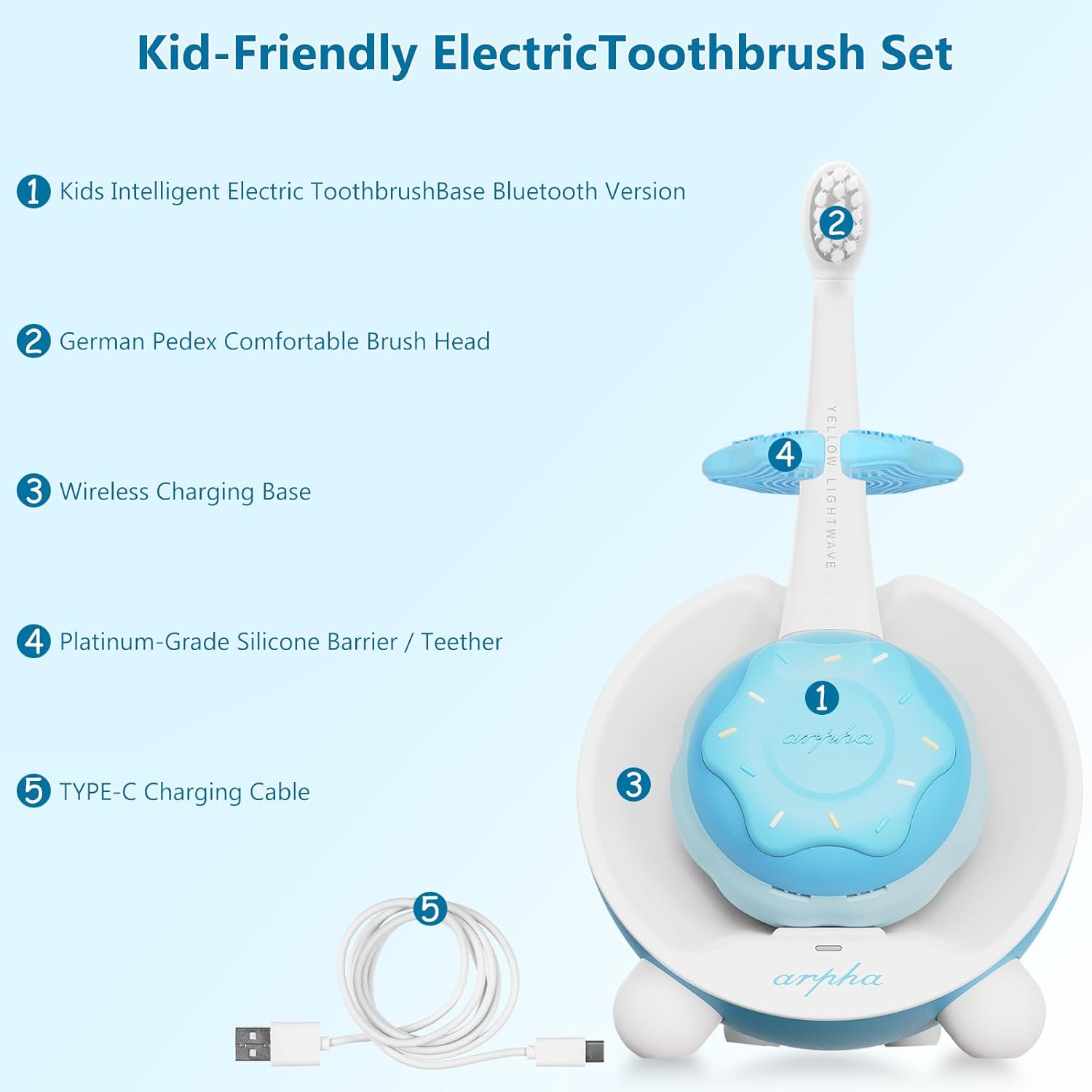 Cepillos de dientes eléctricos para niños con luz LED de registro, cepillo de dientes eléctrico para niños, carga inalámbrica, mango de silicona, 4