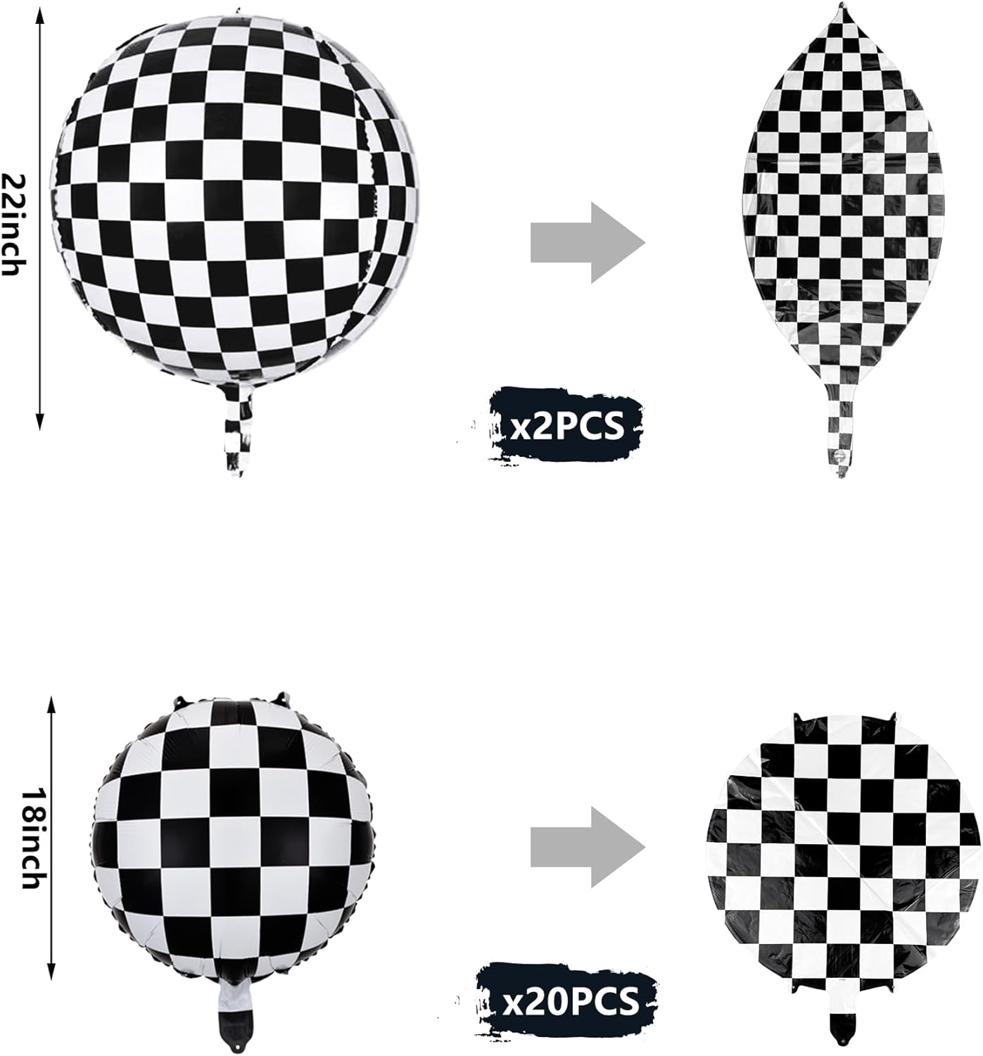 Globos de 22 pulgadas grandes de 360 grados 4D a cuadros en blanco y negro de 18 pulgadas, globos de carreras de 22 pulgadas, globos de papel de