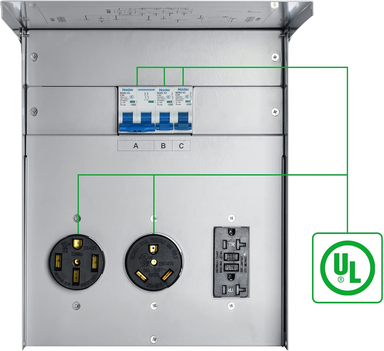 briidea Panel de toma de corriente temporal, salida de panel RV con un receptáculo de 20, 30, 50 amperios instalado, precableado, resistente a la