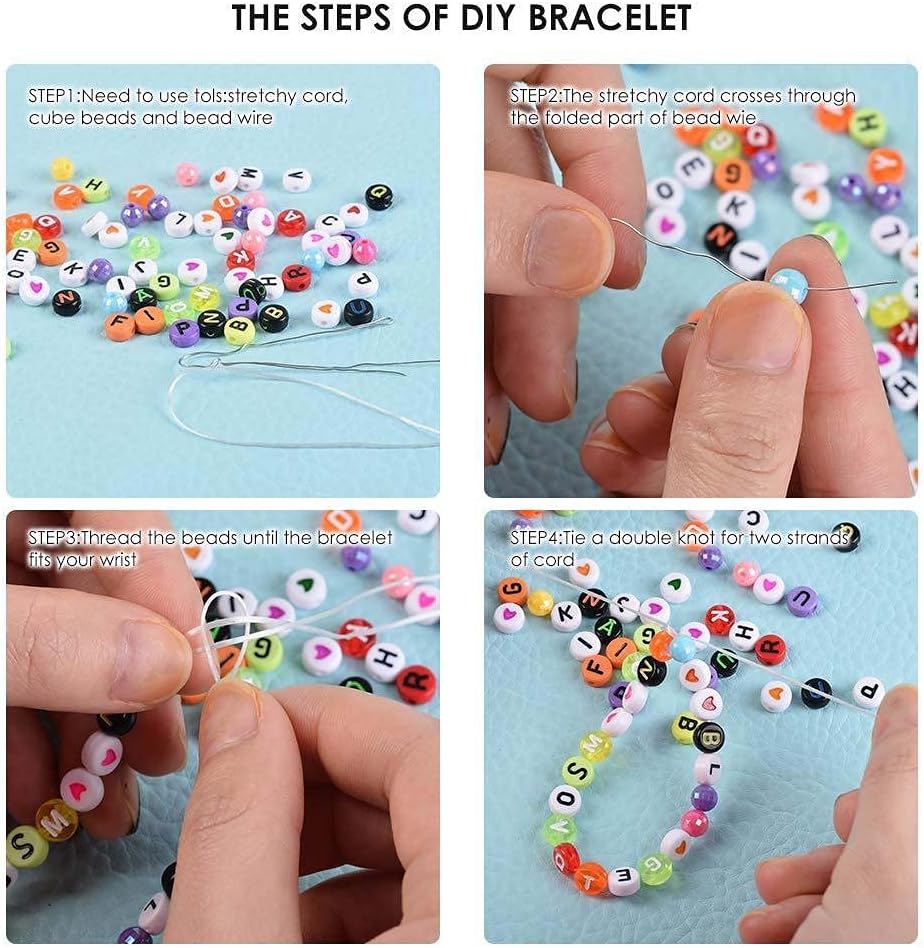 Kit de joyería para hacer cuentas de letras, 1000 piezas de cuentas acrílicas de letras de poni, accesorios de cuentas con cordón elástico colorido