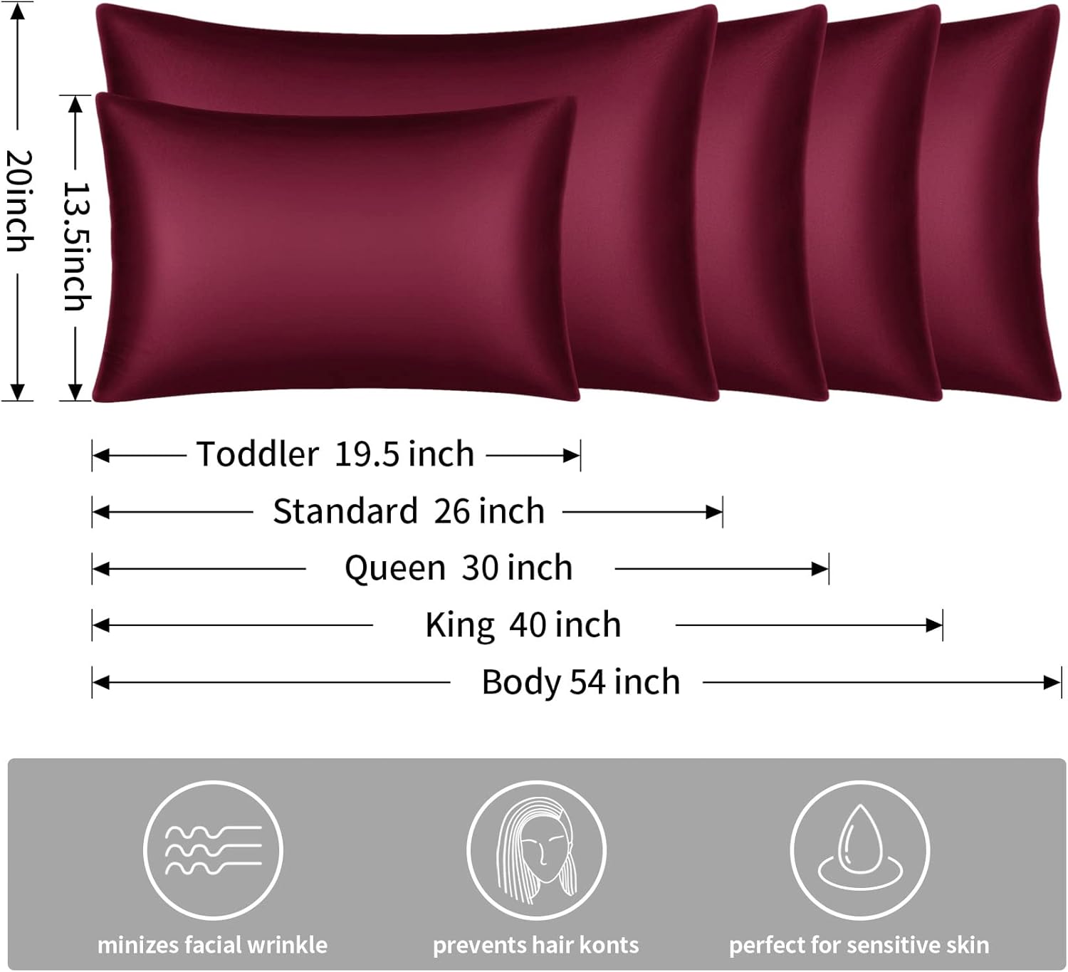 YUHX Juego de 2 fundas de almohada de satén de seda para cabello y piel, color burdeos, tamaño estándar, fundas de almohada suaves y sedosas con