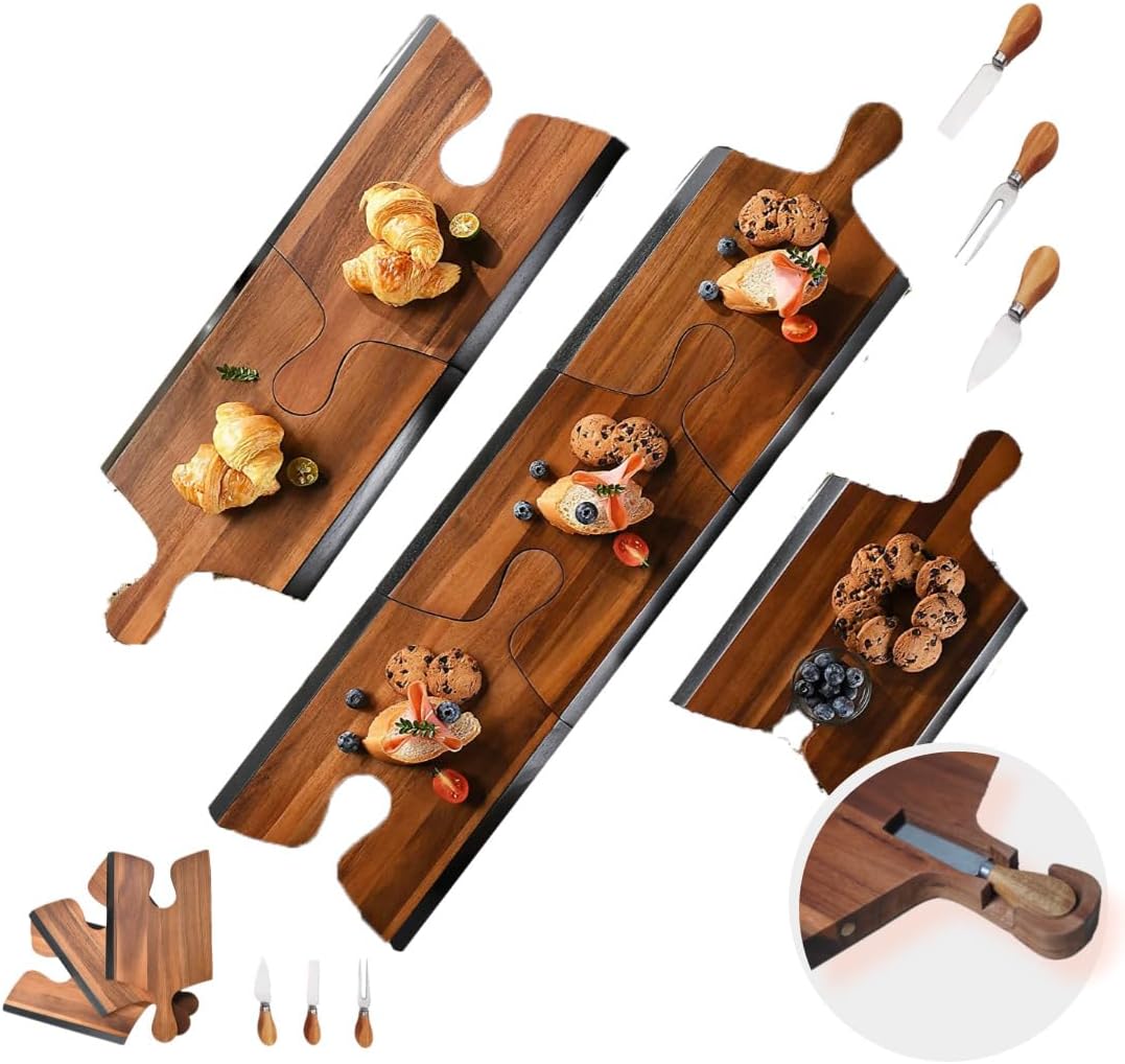 Tabla de queso de acacia con asas de rompecabezas, cuchillo, regalo perfecto para inauguración de la casa, tabla de charcutería, tablas de cortar de