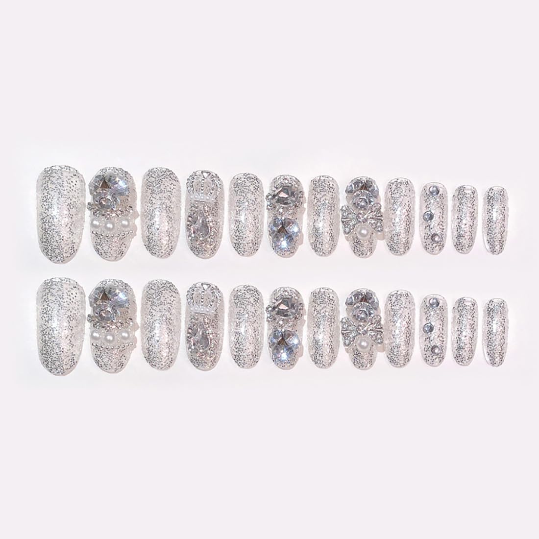 Uñas postizas a presión de almendra, ovaladas, medianas, uñas postizas acrílicas con diamantes de imitación 3D, diseños de lazo con purpurina en