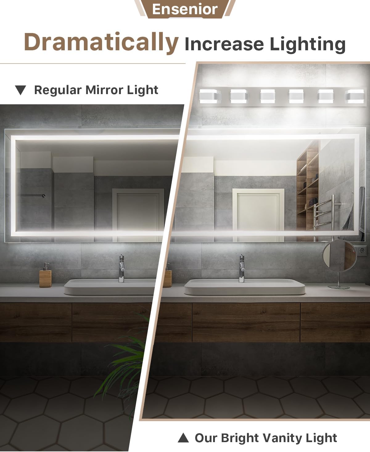 Ensenior Lámparas de baño, luces LED regulables sobre el espejo, CRI 90, luz diurna de 5000 K, acero inoxidable acrílico, 6 luces para tocador