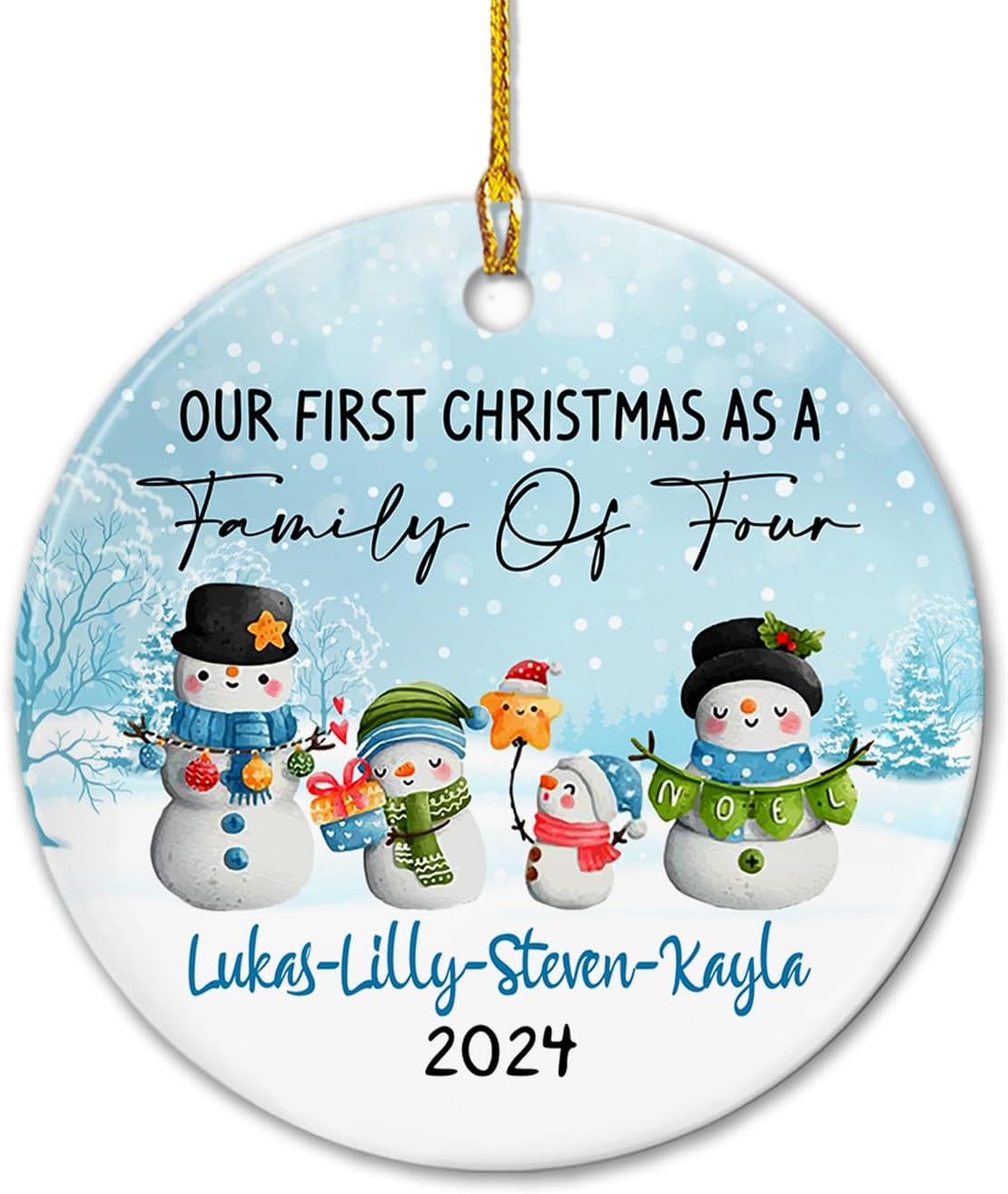 Adorno de cerámica personalizado para familia de 4 muñecos de nieve, nuestra primera Navidad como familia de cuatro, decoración de recuerdo de